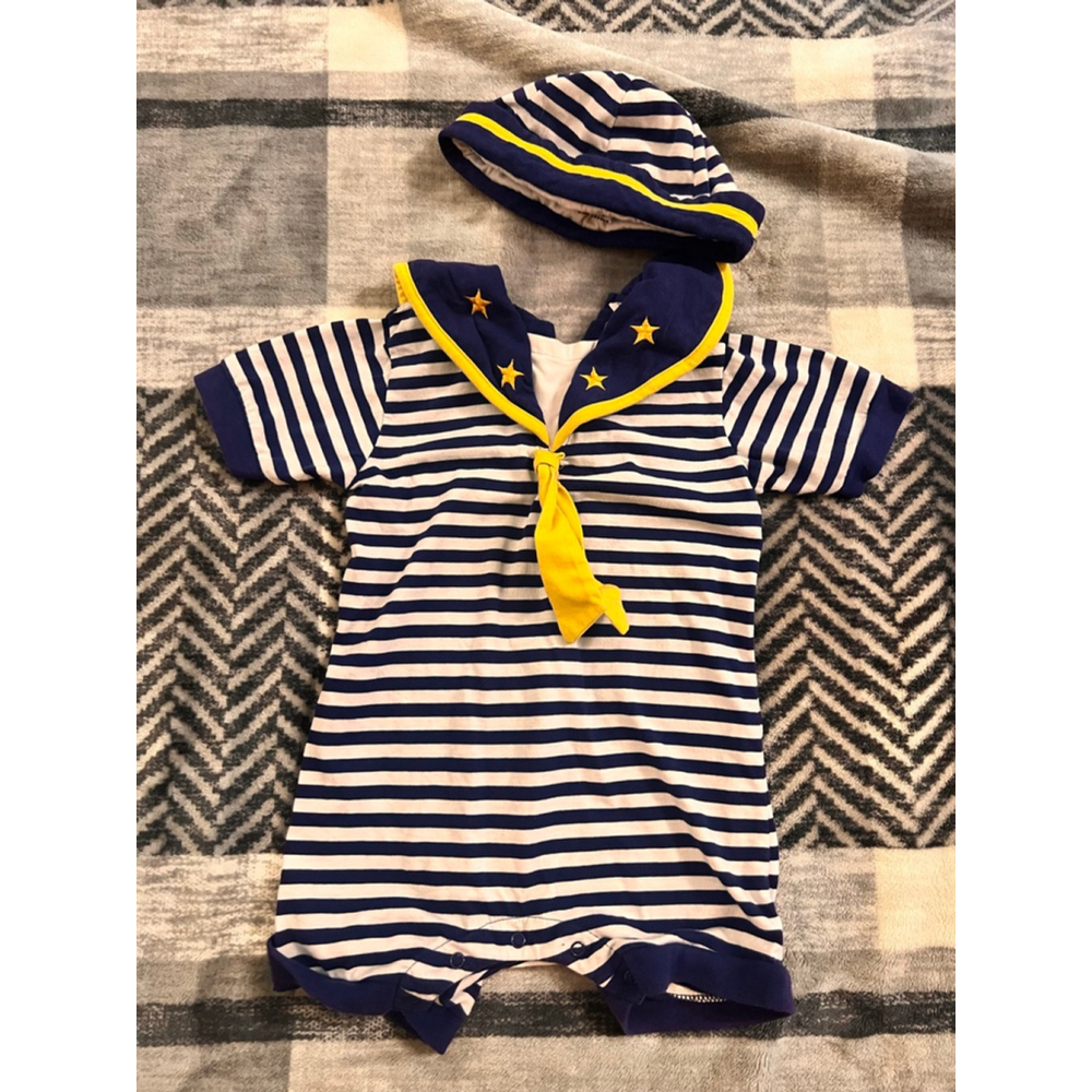 Vintage 1990-2000 Kids Avon Sailor Romper & Hat Set Blue/White Size M (2-3T)